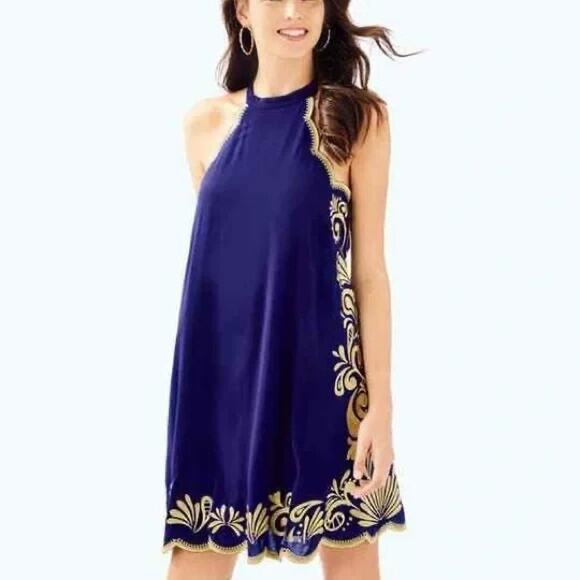 Lilly Pulitzer Quinn Halter Swing Dress Size XXS Navy Blue Gold Embroidery Lined - Picture 2 of 12